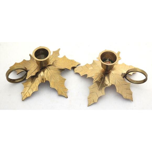 CANDLE HOLDERS FOR TAPER CANDLES-CENTURY-Brass-Leaf Design-Finger Loop-Set of 2 - Picture 1 of 10